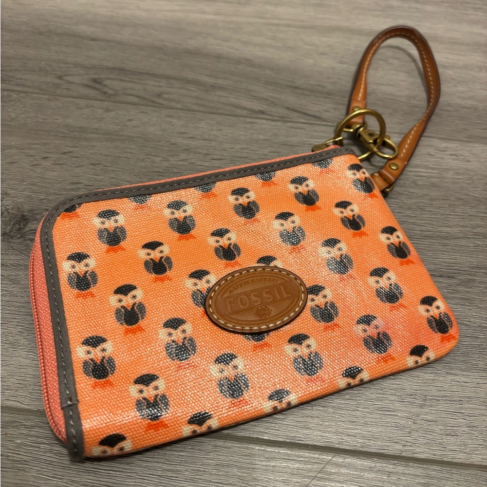 Fossil Orange and Black Owl Pattern Wristlet